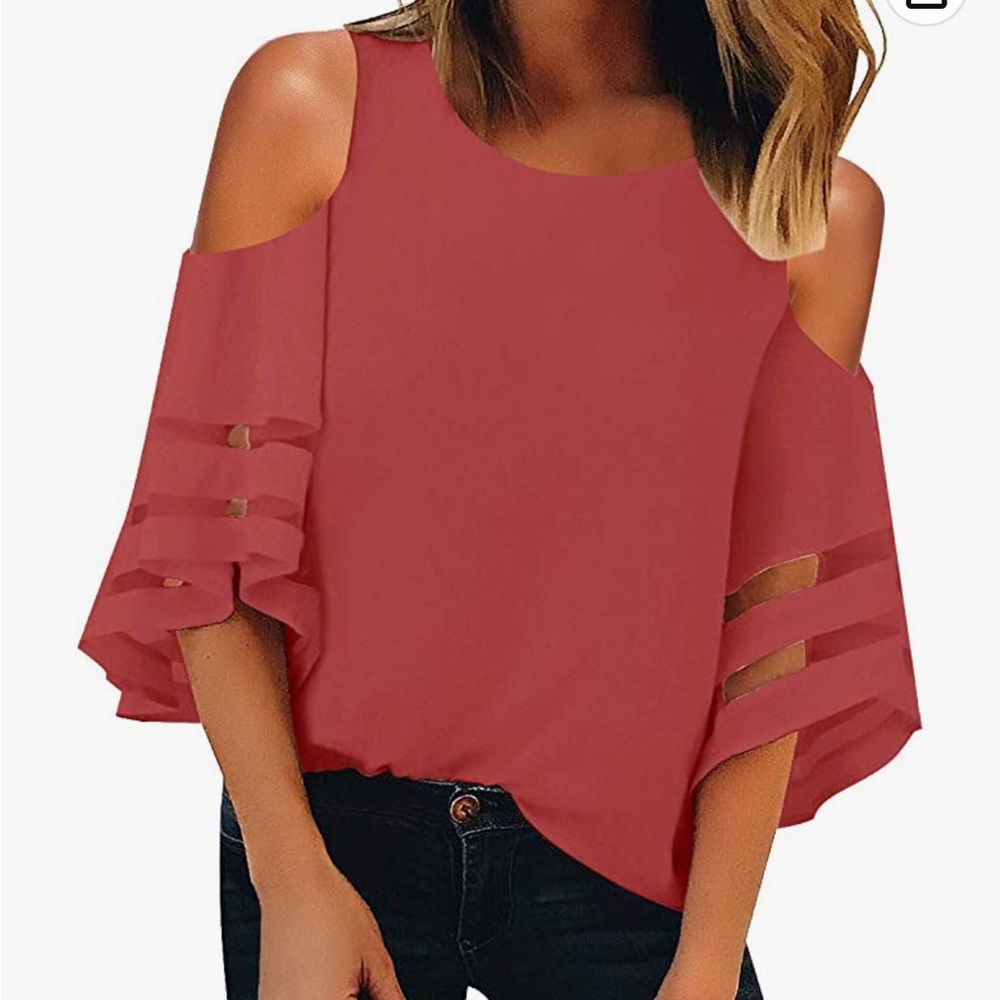 Vetinee Women's 3/4 Bell Sleeve Shirt Mesh Panel Blouse Cold Shoulder Top